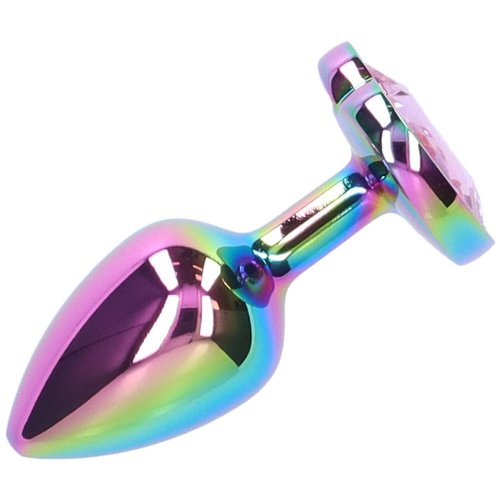 Side view of small pink jeweled metal rainbow butt plug.