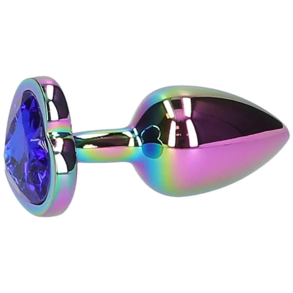 Angled side view of small blue jeweled metal rainbow butt plug.