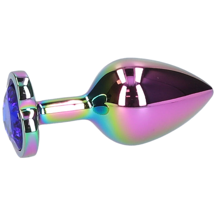 Side view of medium blue jeweled metal rainbow butt plug.