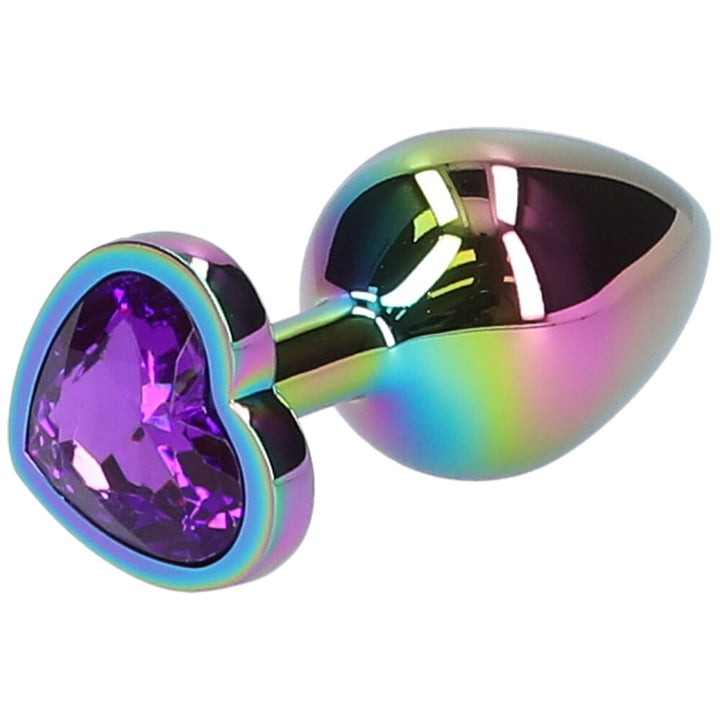 Angled side view of small purple jeweled metal rainbow butt plug.
