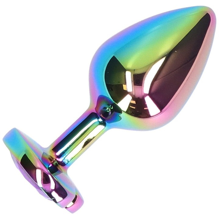 Side view of medium purple jeweled metal rainbow butt plug.