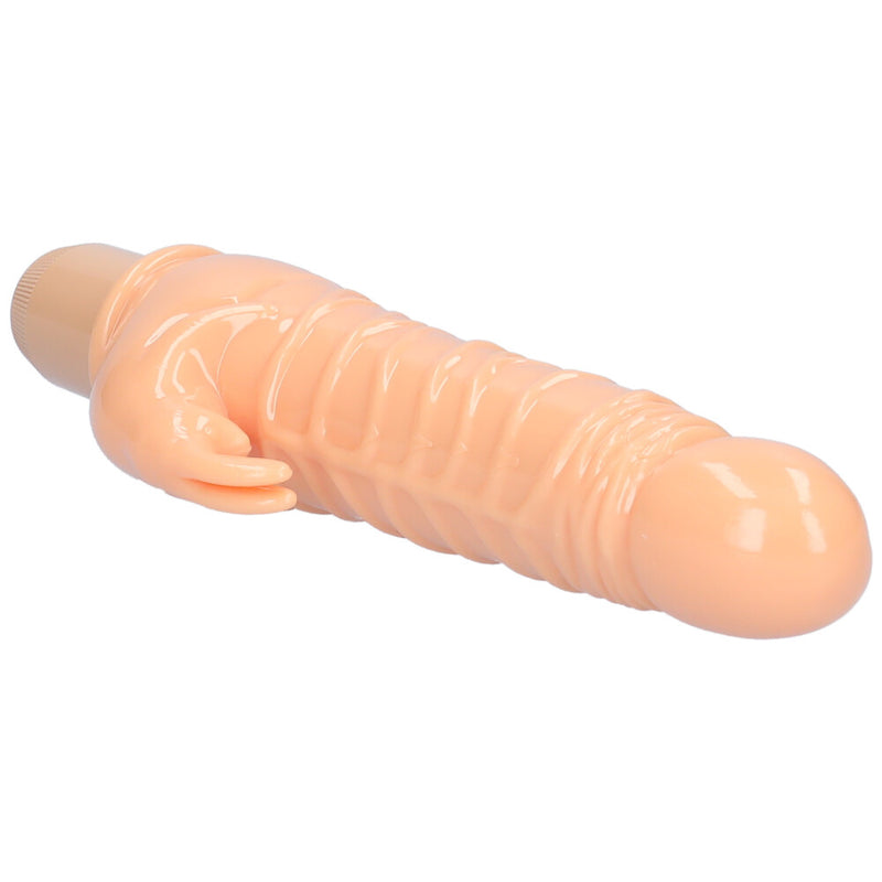 Close-up view of textured shaft and realistic tip of Beige Lifelike Power Rabbit Vibrator.