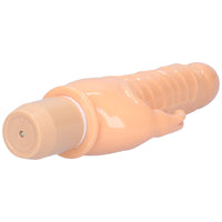 Close-up view of multi-speed dial on the bottom of the Beige Lifelike Power Rabbit Vibrator.