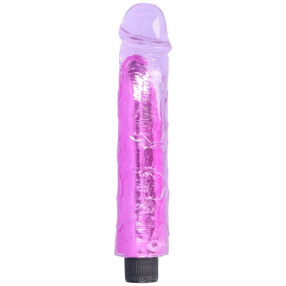 Side view of purple 8" vibrating dildo standing up.