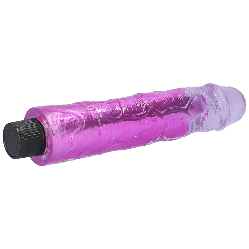 Purple 8" vibrating dildo lying on its side with detailed view of raised veins on the shaft.