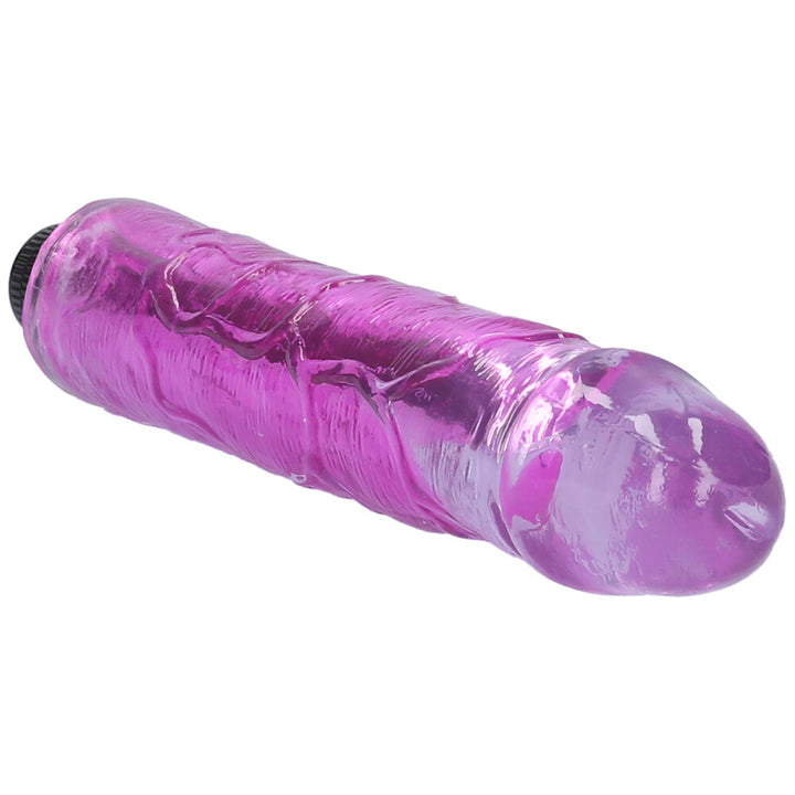 Close-up view of purple 8" vibrating dildo's tip and veiny shaft.