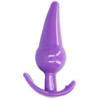 Front view of purple butt plug with tapered tip and flared base.