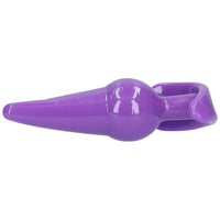 Side view of purple butt plug with tapered tip and flared base,