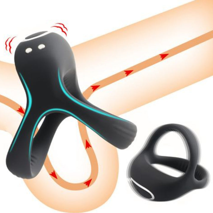 Black vibrating dual cock ring on model