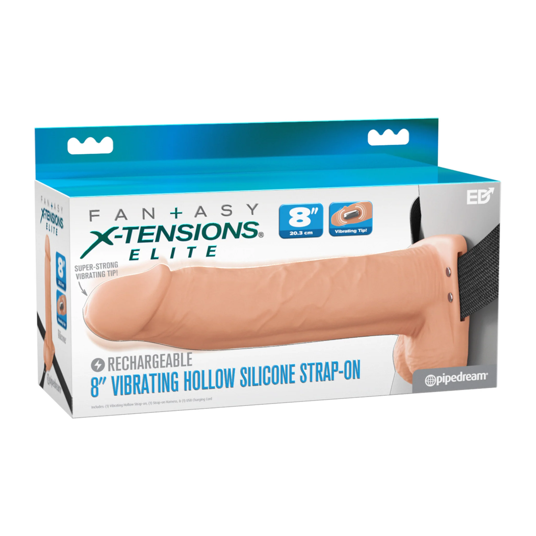 Fantasy X-Tensions Elite Vibrating Rechargeable Silicone Dual Density Hollow Strap-On 8 inch as seen inside of packaging
