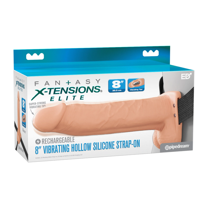 Fantasy X-Tensions Elite Vibrating Rechargeable Silicone Dual Density Hollow Strap-On 8 inch as seen inside of packaging