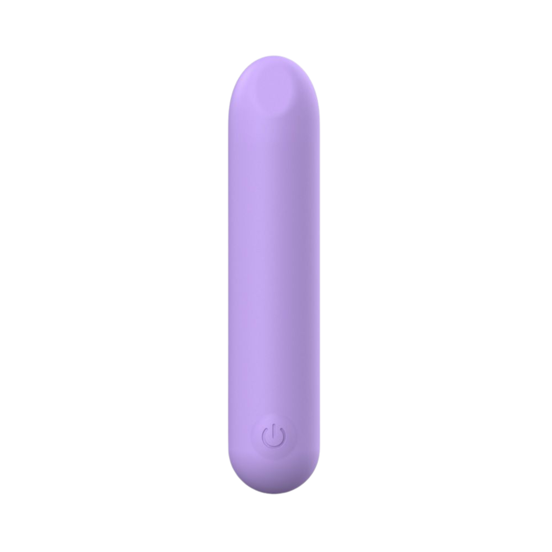 view of power button on purple Vibrating Rechargeable Bullet vibrator 