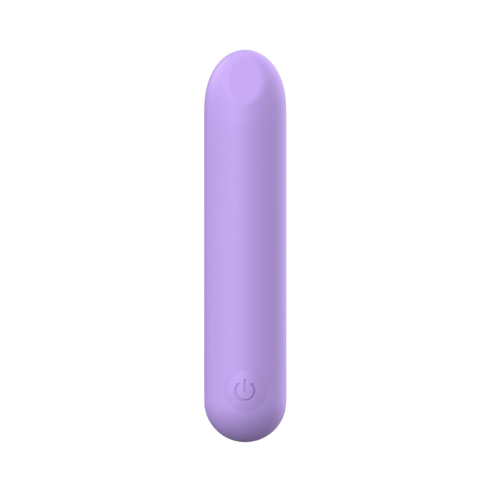 view of power button on purple Vibrating Rechargeable Bullet vibrator 