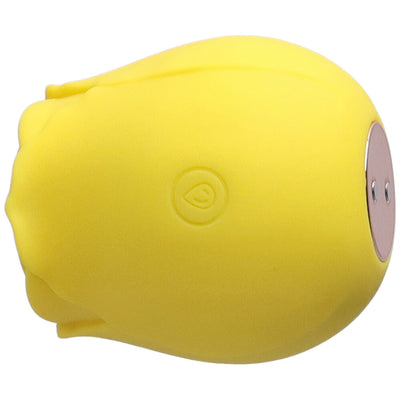Upright front view of yellow rose air pulse stimulator with power button.