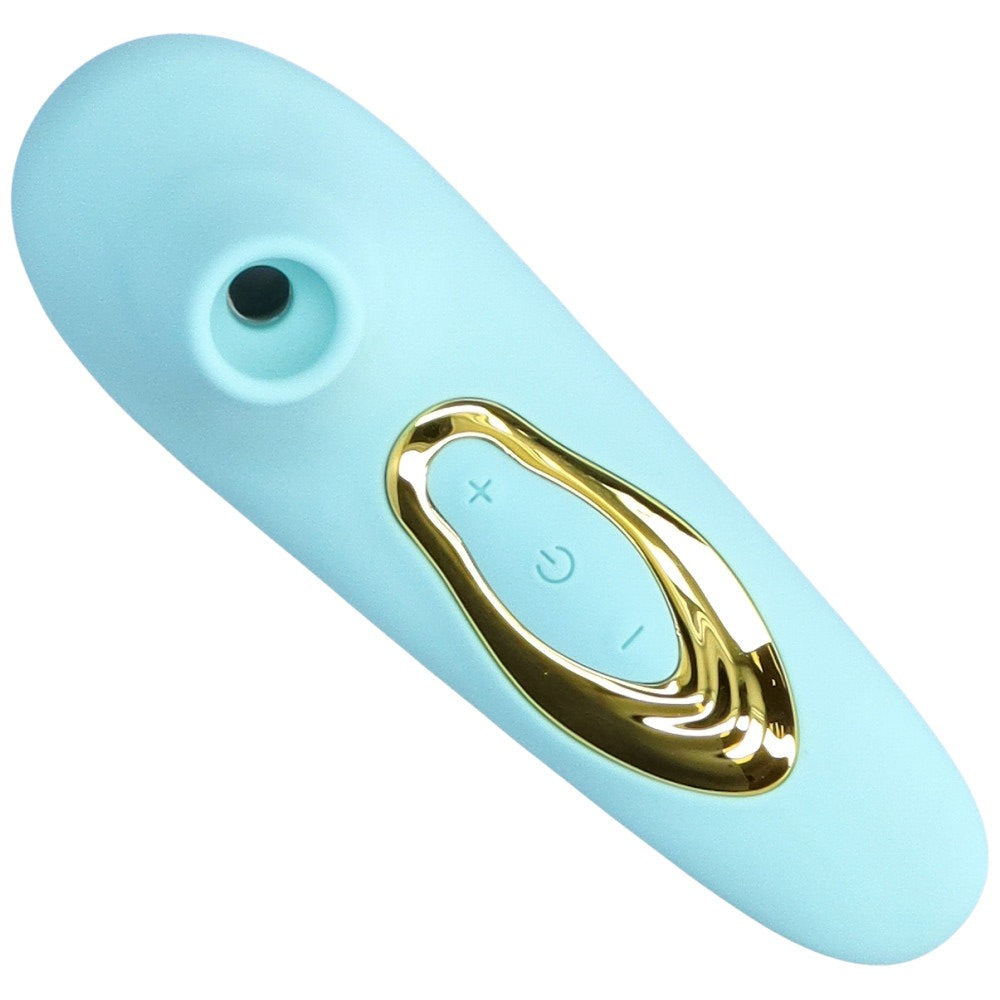 Bird's eye view of a teal silicone air pulse vibrator.