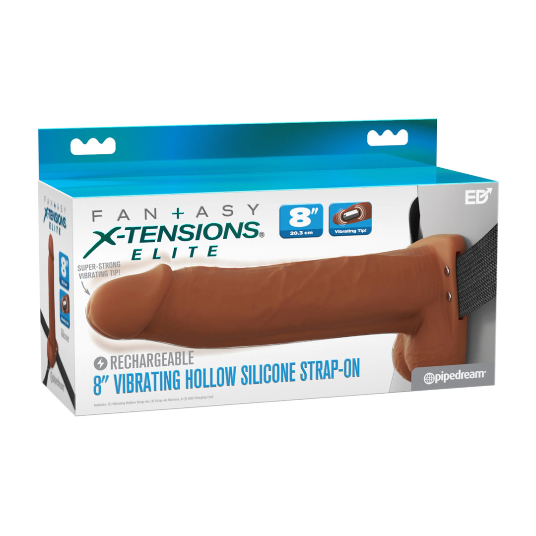 8 inch brown Fantasy X-Tensions Elite Vibrating Rechargeable Silicone Dual Density Hollow Strap-On as seen inside of packaging 