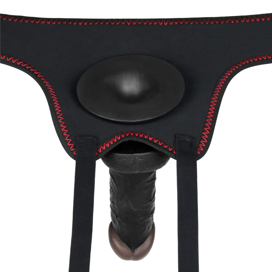 view from inside of harness of black dildo Easy Strap on Set 7.0 inches inserted 
