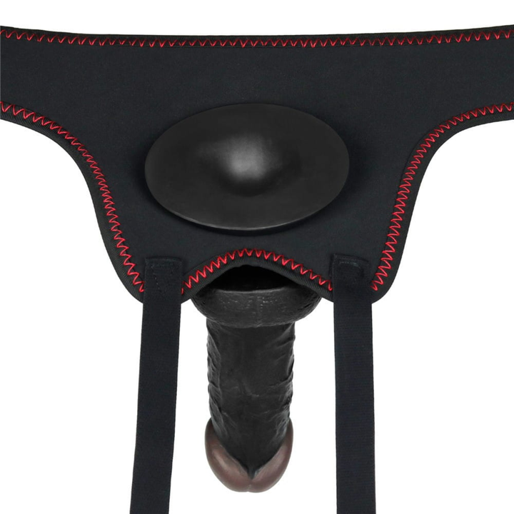 view from inside of harness of black dildo Easy Strap on Set 7.0 inches inserted 