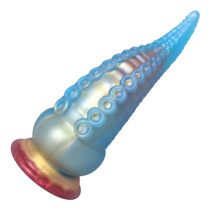 up close view of suckers from blue yellow and red tentacle dildo 