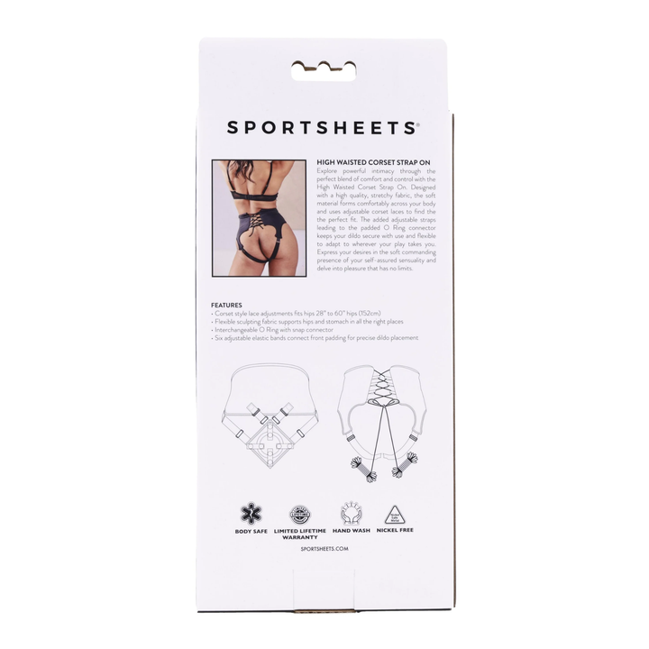 backside of Sportsheets High Waisted Corset Strap-On packaging 