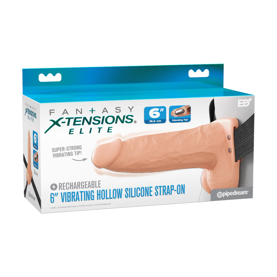 Fantasy X-Tensions Elite Vibrating Rechargeable Silicone Dual Density Hollow Strap-On 6 inch as seen inside of packaging 