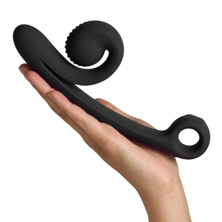 hand holding SVibe Snail CURVE Rechargeable Silicone Vibrator with Clitoral Stimulator