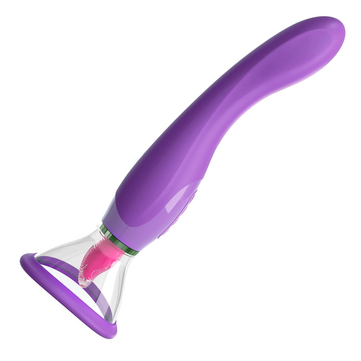 side view of purple vagina pump with pink tongue 