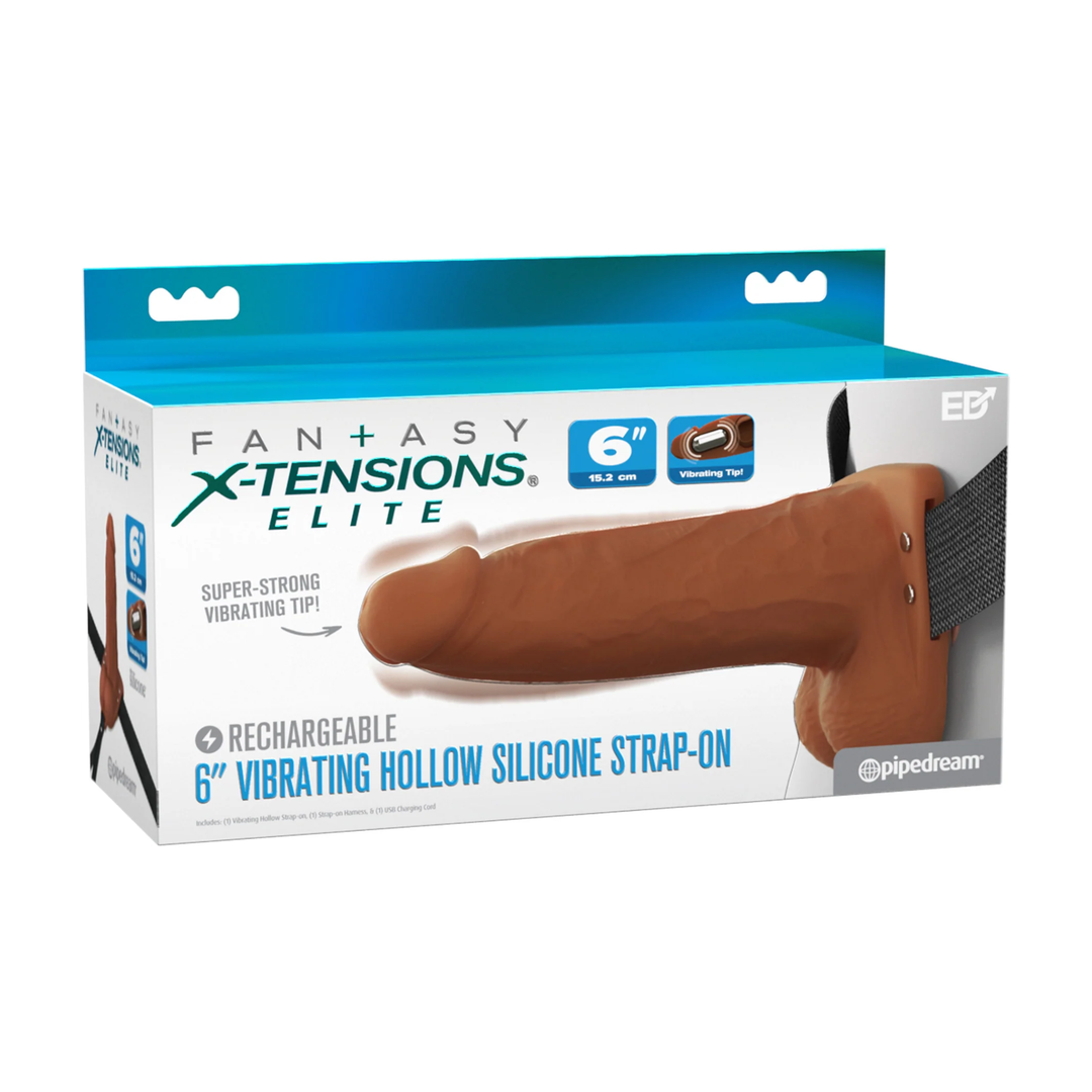 6 inch Fantasy X-Tensions Elite Vibrating Rechargeable Silicone Dual Density Hollow Strap-On in brown color as seen inside of packaging 