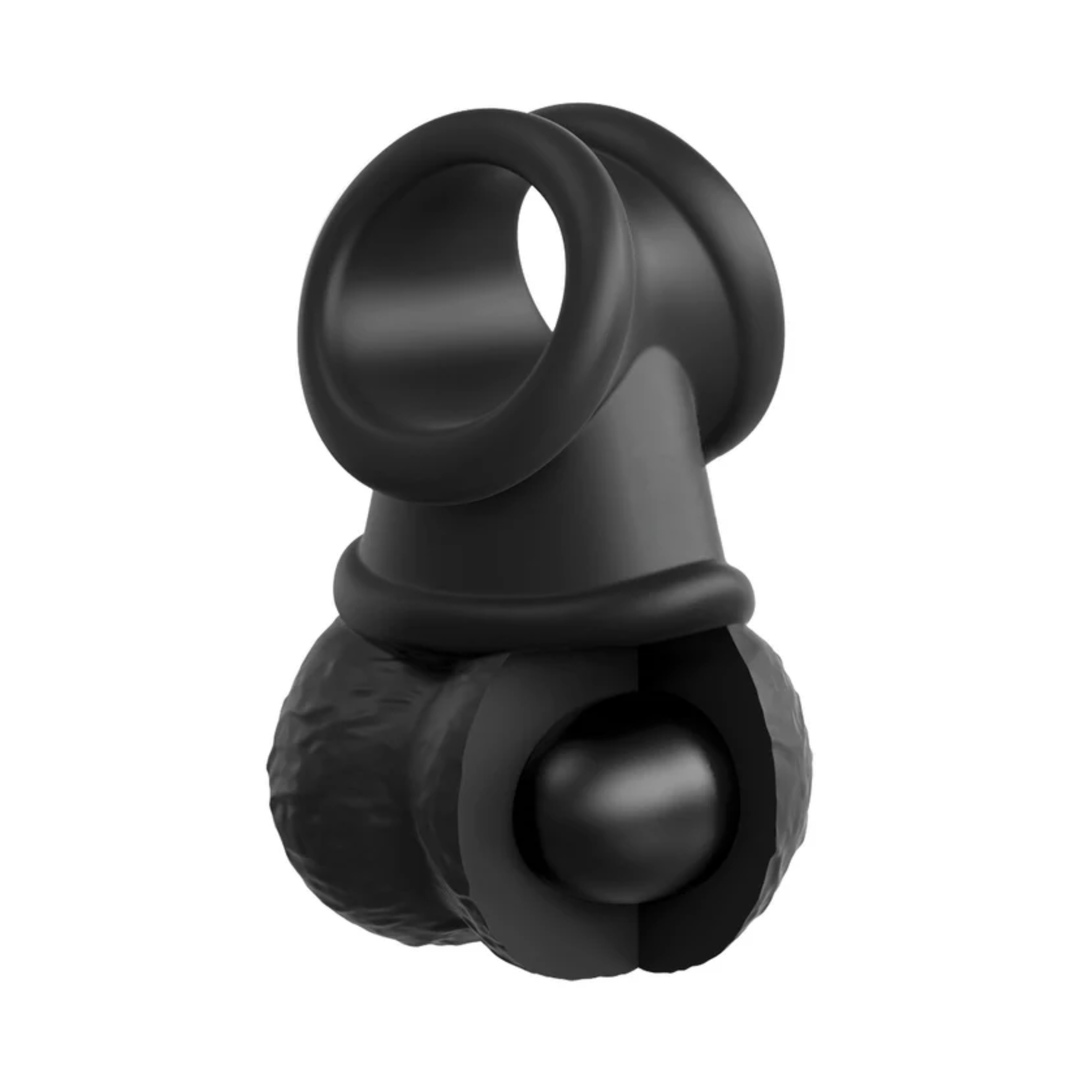 angled side view of balls attachment from King Cock Deluxe Silicone Body Dock Strap-on Kit with Swinging Crown Jewels and 8 inch Dildo 