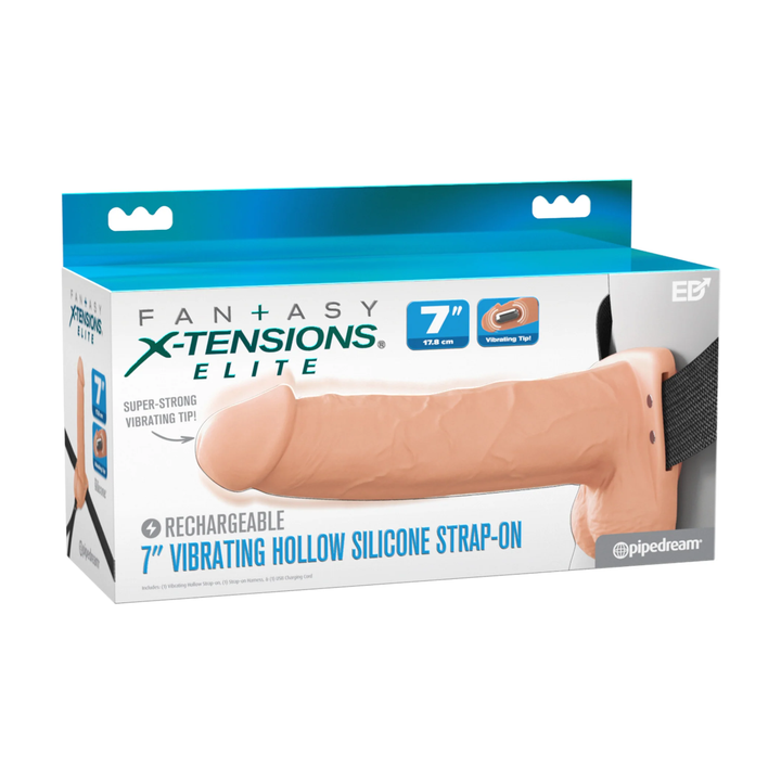 Fantasy X-Tensions Elite Vibrating Rechargeable Silicone Dual Density Hollow Strap-On 7 inch as seen inside of packaging 