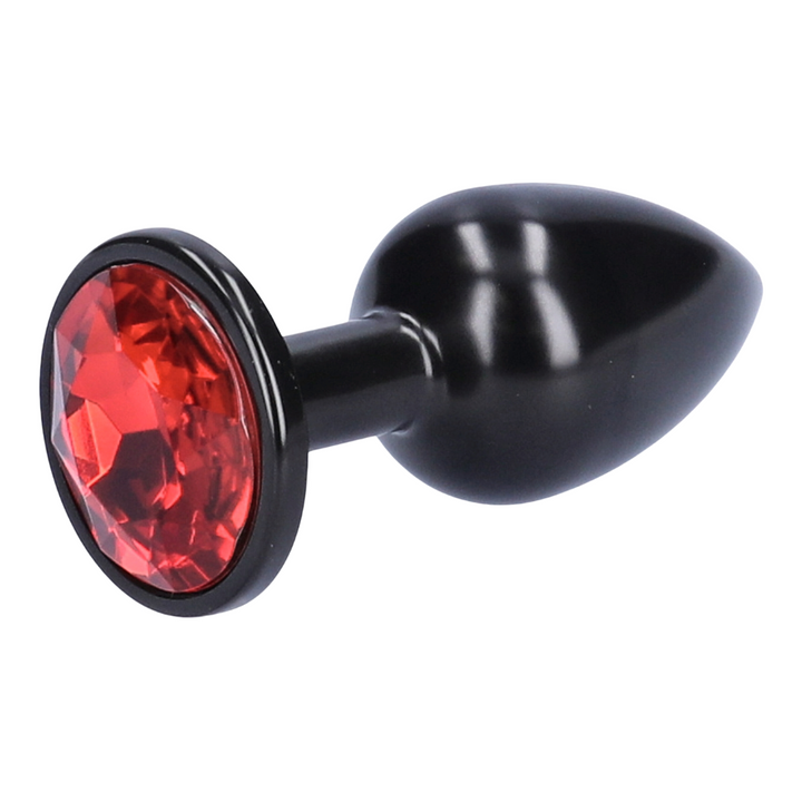 Side view of black and red jeweled metal anal plug