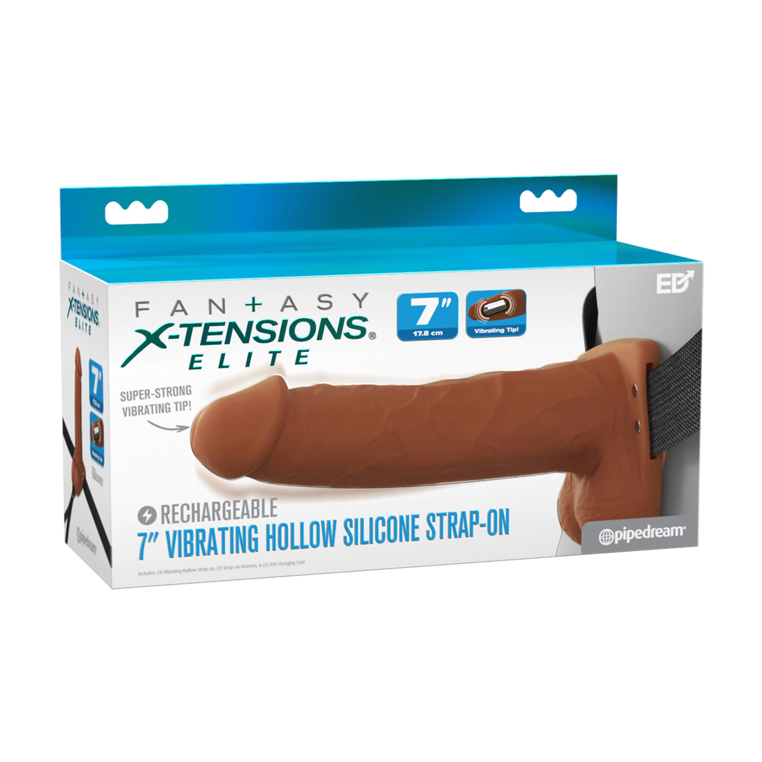 7 inch brown Fantasy X-Tensions Elite Vibrating Rechargeable Silicone Dual Density Hollow Strap-On as seen inside of packaging 