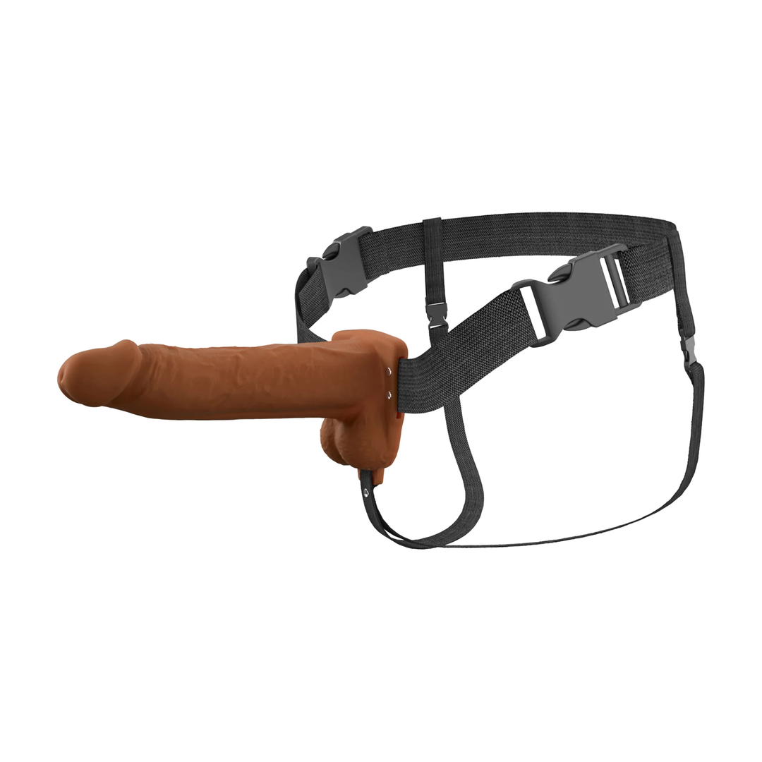 full product view of Fantasy X-Tensions Elite Vibrating Rechargeable Silicone Dual Density Hollow Strap-On 8 inches brown color 