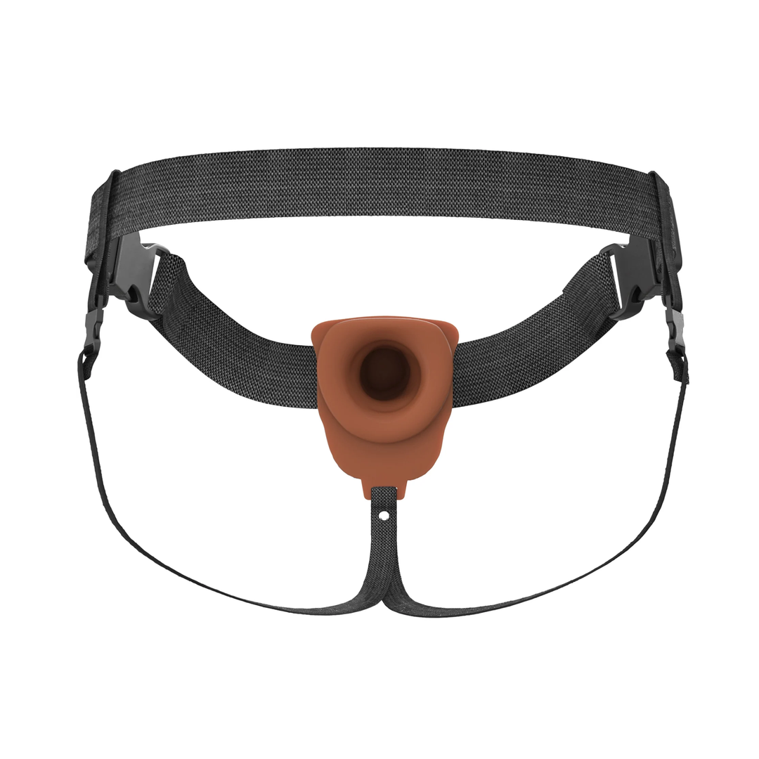 view of brown Fantasy X-Tensions Elite Vibrating Rechargeable Silicone Dual Density Hollow Strap-On interior view 