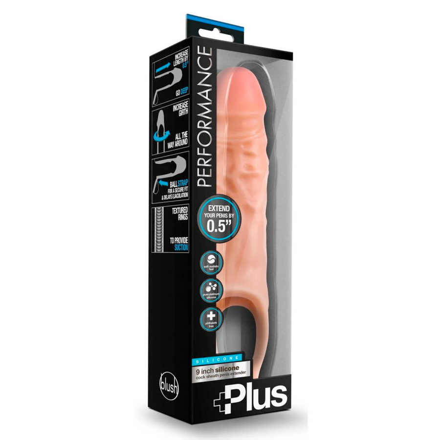 Performance Plus 9 inch silicone penis extender as seen inside packaging 