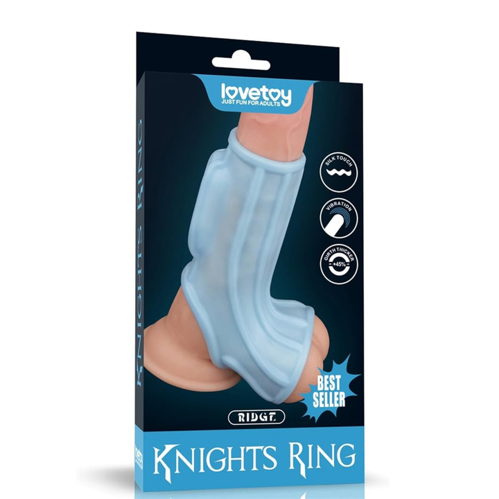 The Knight’s Ring Vibrating Scrotum Sleeve inside packaging  