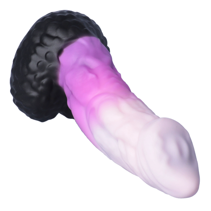 angled front view of pink and purple alien dildo with taped head 