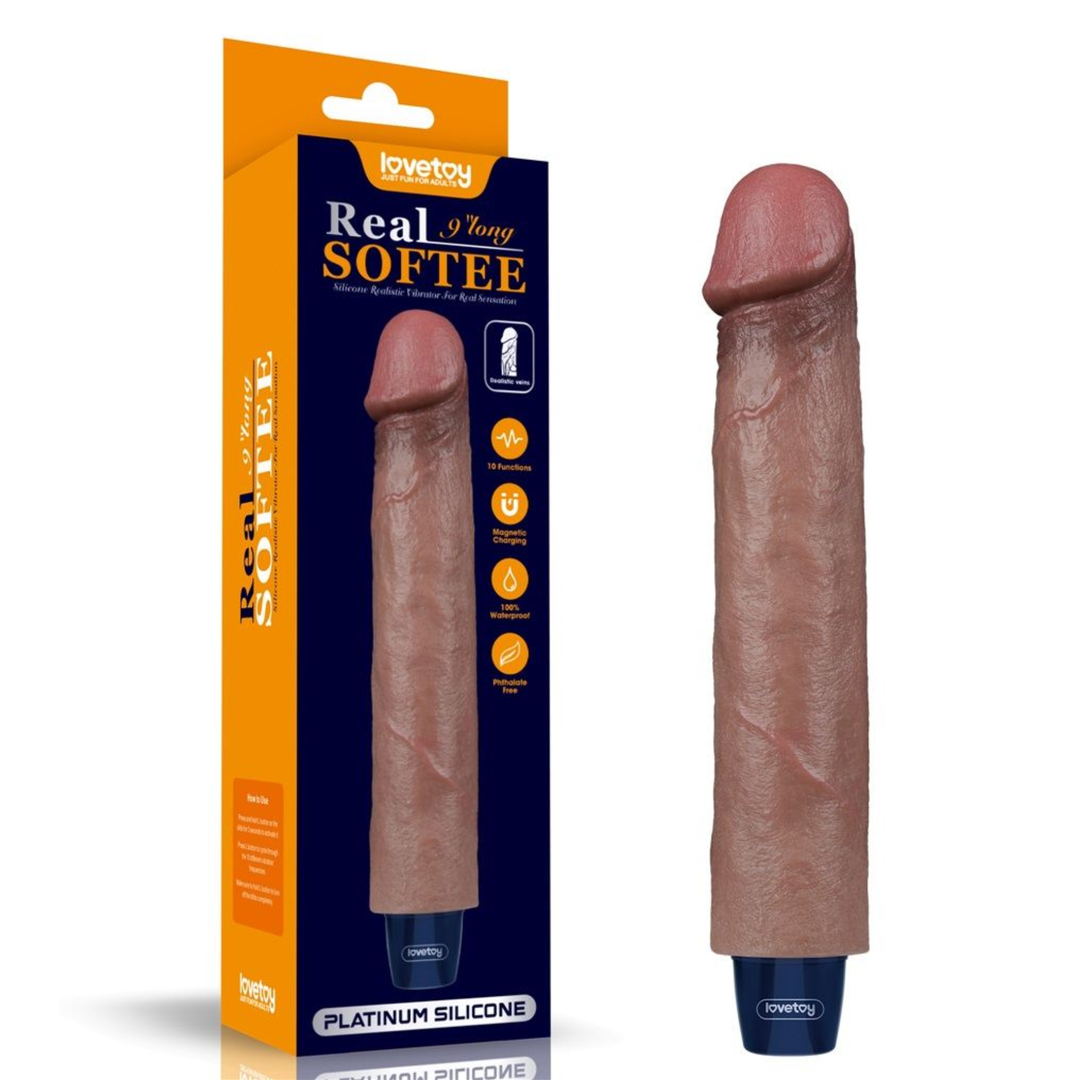 lovetoy real 9 inch long softee platinum silicone vibrator dildo as seen next to packaging 