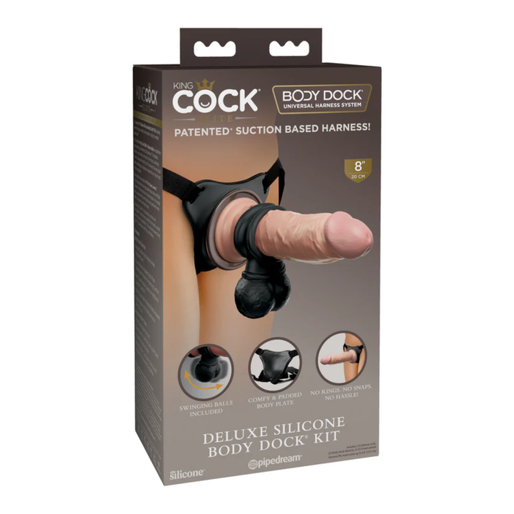 King Cock Deluxe Silicone Body Dock Strap-on Kit with Swinging Crown Jewels and 8 inch Dildo packaging 