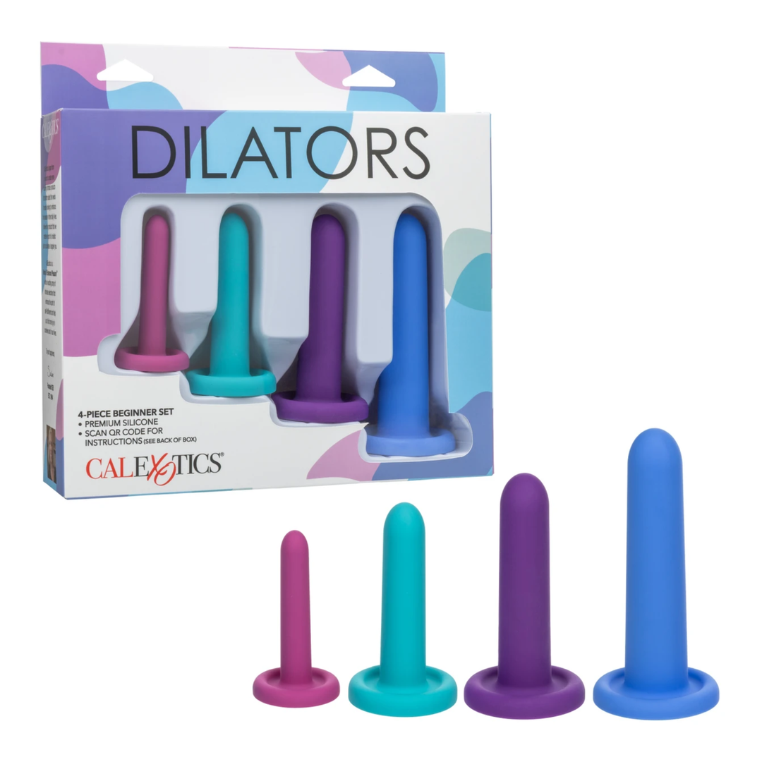 Calexotics Dilators Silicone Intermediate Set (4 Piece) as seen next to packaging