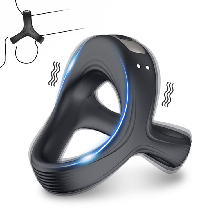 Vibrating Dual Cock Ring next to a drawing depicting how to use it 