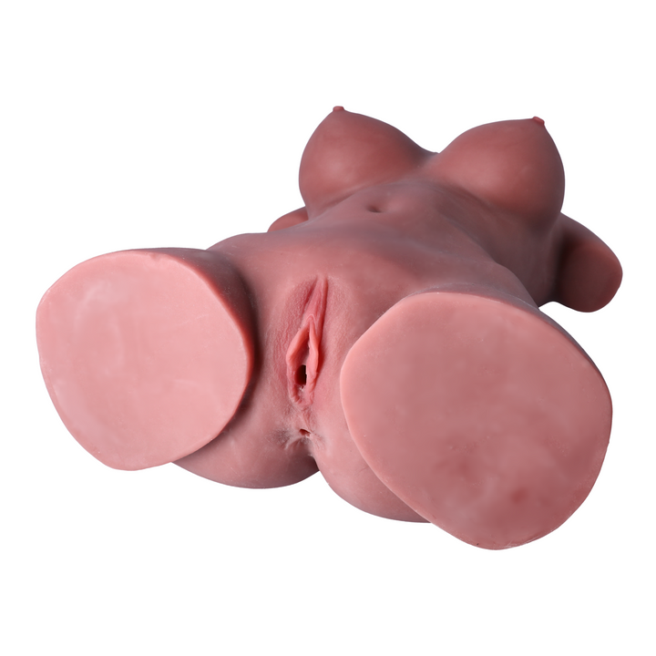 view of realistic vagina from brown female torso sex doll TPE realistic feel material  