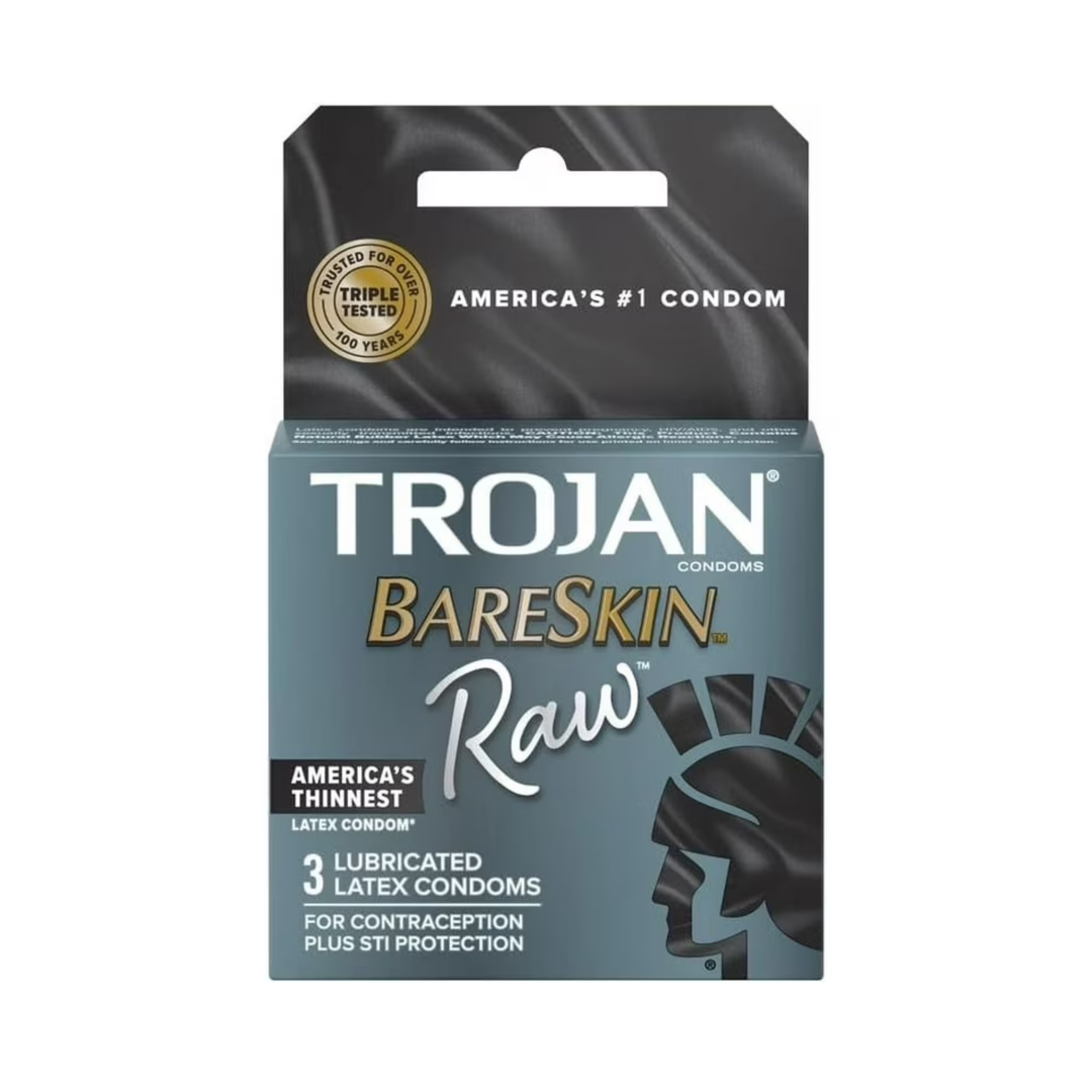 frontside of Trojan Bareskin Raw Lubricated Latex Condoms 3-Pack as seen inside of packaging 