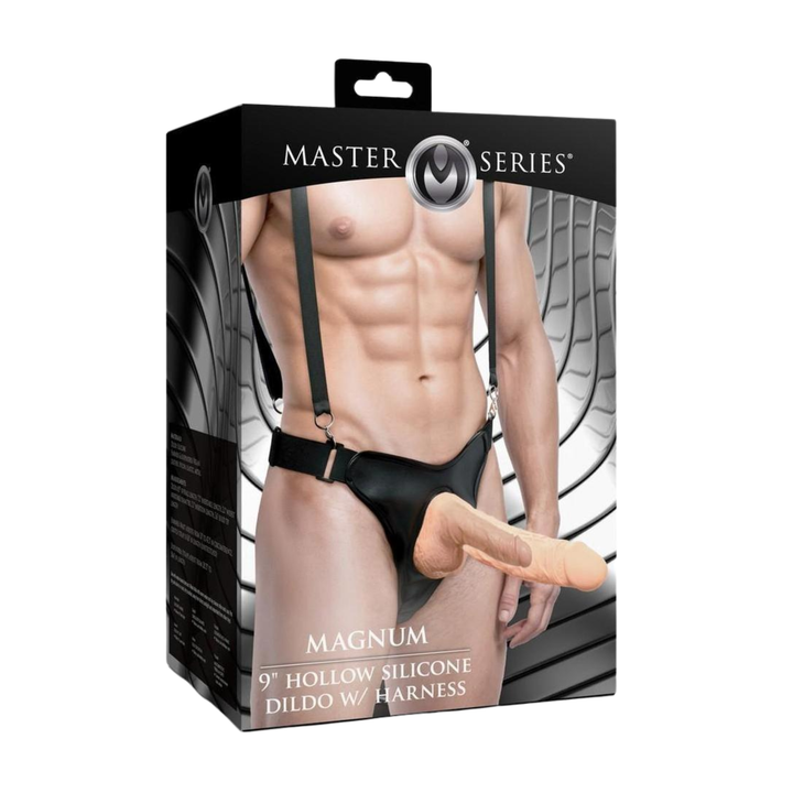 Master Series Magnum Hollow Silicone Dildo with Harness 9 inch as seen inside of packaging 