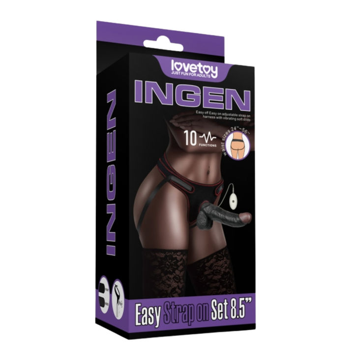 vibrating 8.5 Inch Easy Strap-on Set as seen inside of packaging 