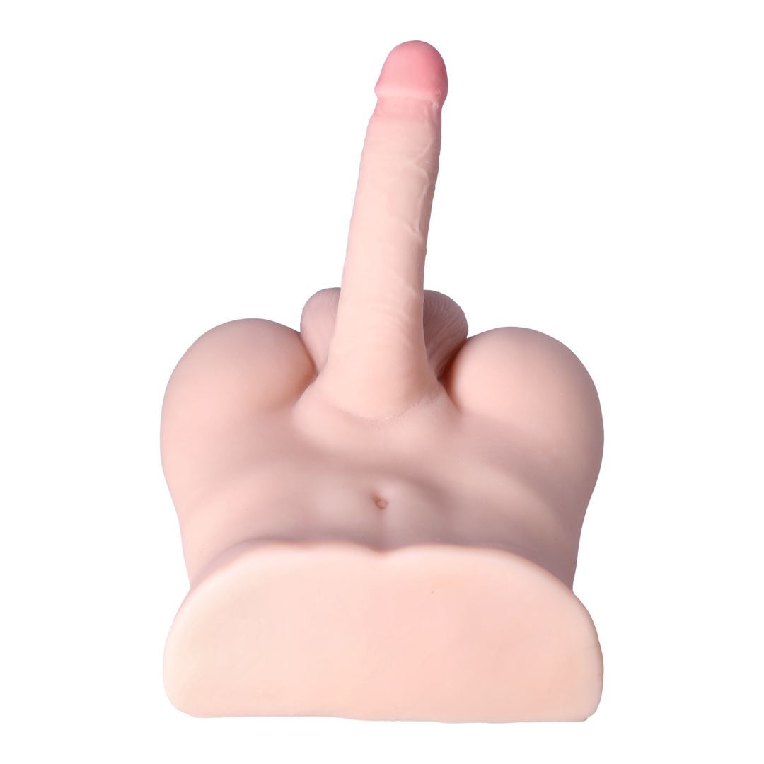 groin angled view of chiseled chest form beige male torso with posable dildo realistic penis 