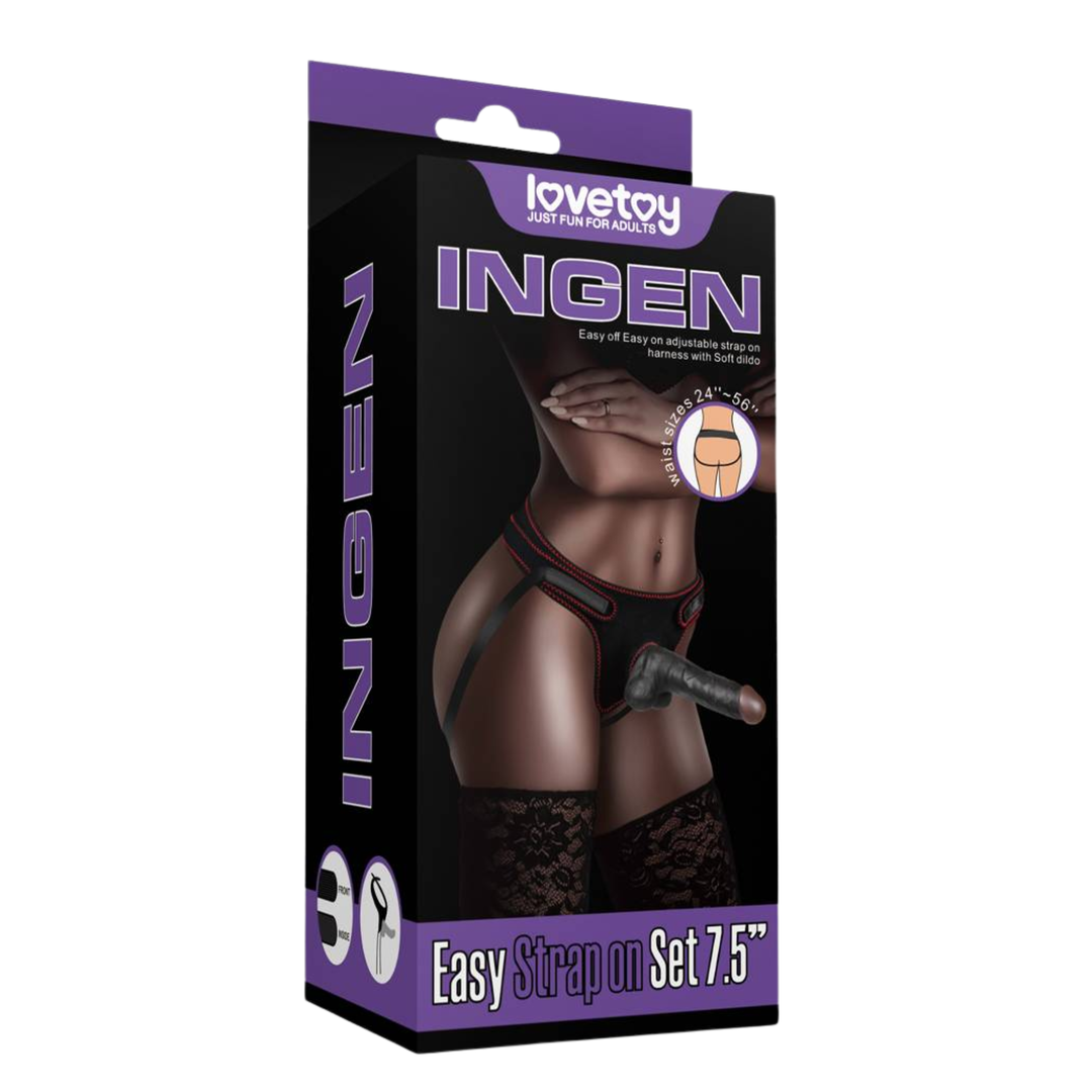 INGEN 7.5 Inch Black Easy Strapon Set as seen inside of packaging 