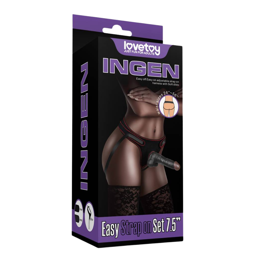 INGEN 7.5 Inch Black Easy Strapon Set as seen inside of packaging 