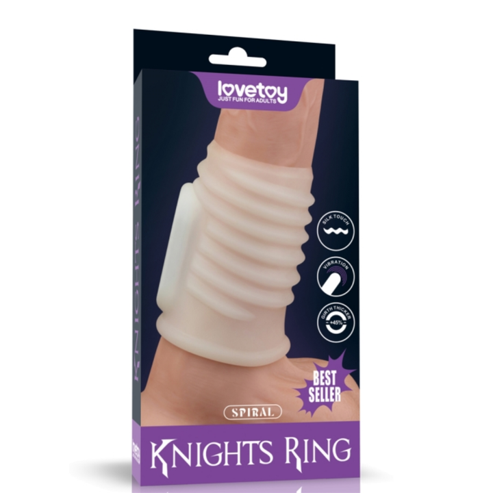 Spiral Vibrating Knights Ring white as seen inside of packaging 