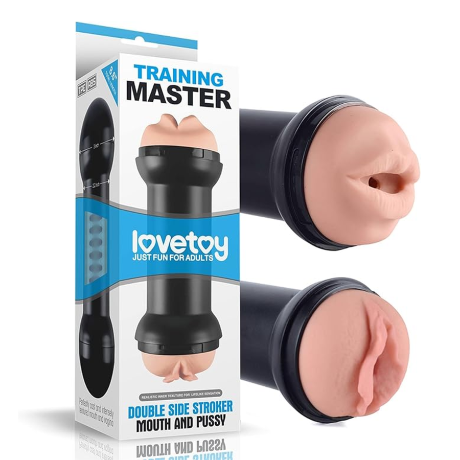 Training Master Double Sided Male Stroker - Mouth and Pussy as seen outside of packaging 